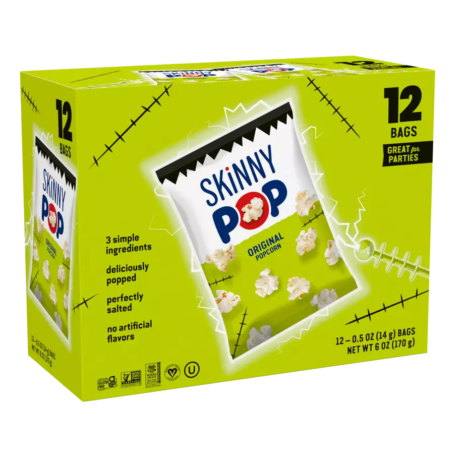 SKINNYPOP Halloween Original Popcorn, 0.5 oz bag, 12 count box - Front of Package
