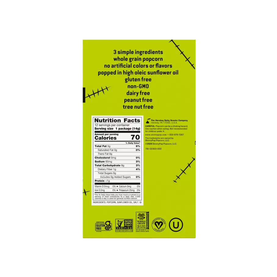 SKINNYPOP Halloween Original Popcorn, 0.5 oz bag, 12 count box - Back of Package