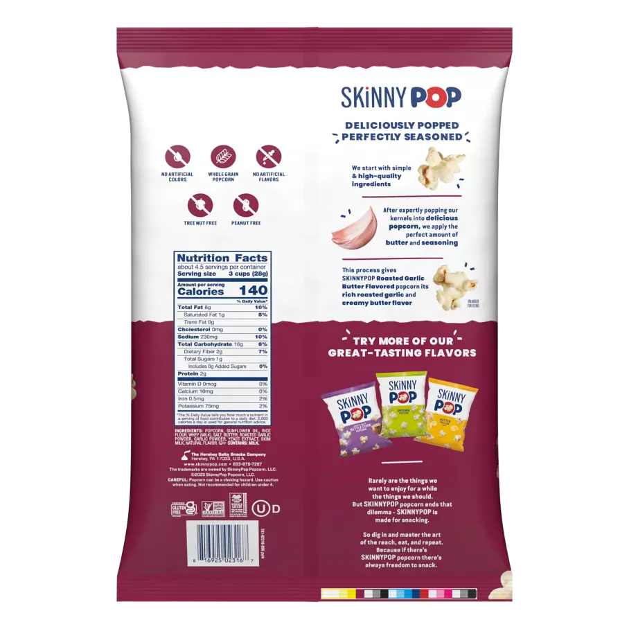 SKINNYPOP Roasted Garlic Butter Popcorn, 4.4 oz bag - Back of Package