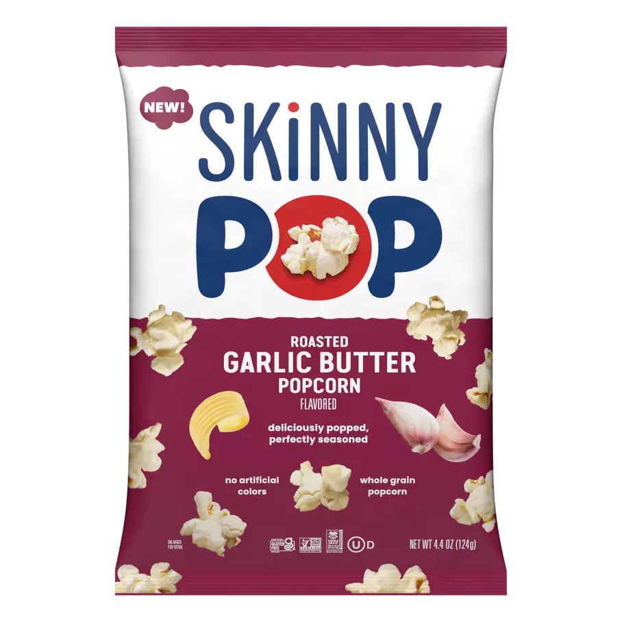 SKINNYPOP Roasted Garlic Butter Popcorn, 4.4 oz bag - Front of Package