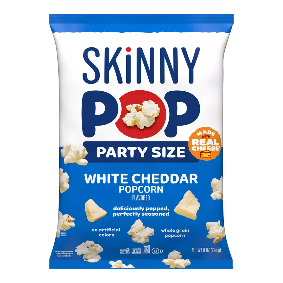 SKINNYPOP White Cheddar Flavored Popcorn, 8 oz party size bag - Front of Package