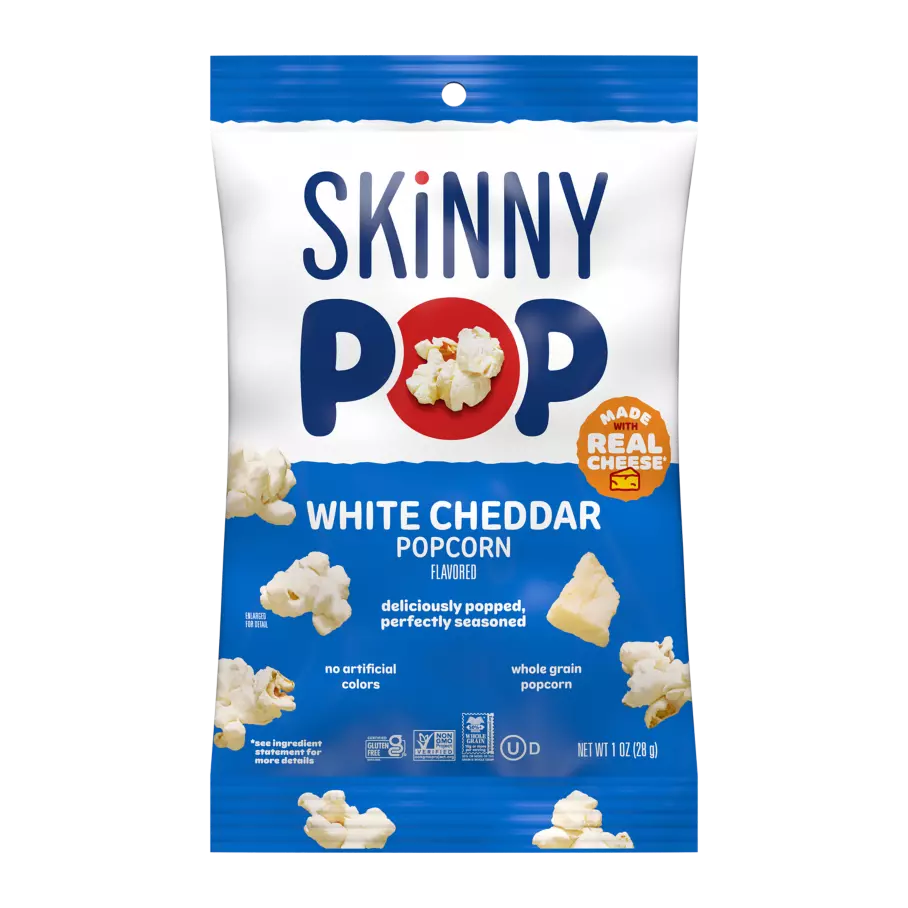 SKINNYPOP White Cheddar Flavored Popcorn, 1 oz bag - Front of Package