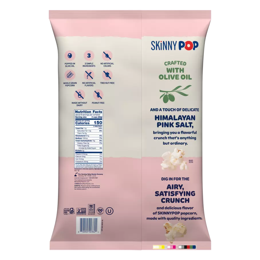 SKINNYPOP Himalayan Pink Salt Olive Oil Popcorn, 7.5 oz bag - Back of Package