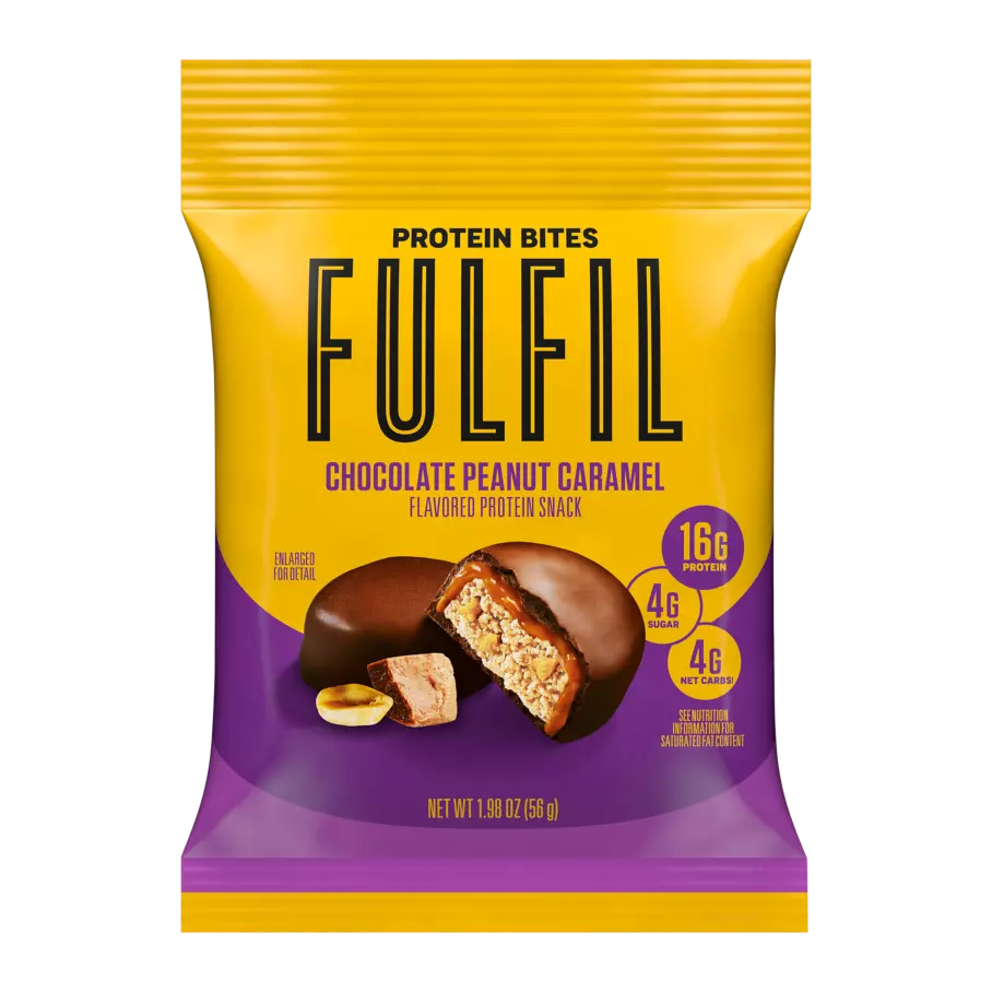 FULFIL Chocolate Peanut Caramel Flavor Protein Bites, 1.98 oz bag - Front of Package