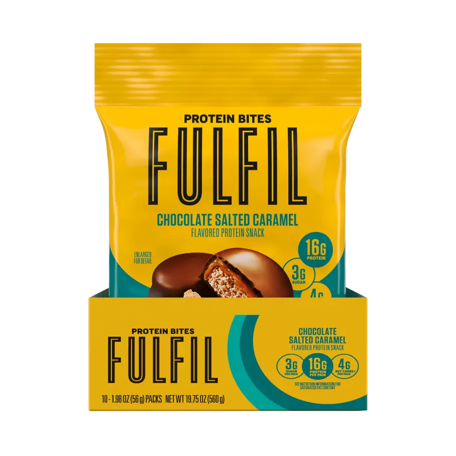 FULFIL Chocolate Salted Caramel Flavor Protein Bites, 1.98 oz bag, 10 count box - Front of Package