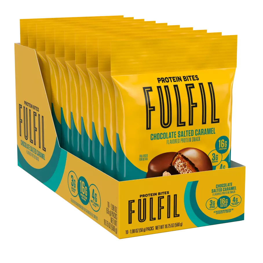 FULFIL Chocolate Salted Caramel Flavor Protein Bites, 1.98 oz bag, 10 count box - Left Side of Package