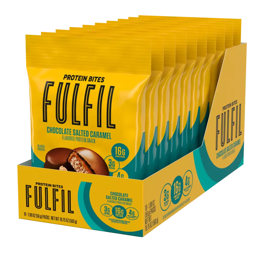 FULFIL Chocolate Salted Caramel Flavor Protein Bites, 1.98 oz bag, 10 count box - Right Side of Package
