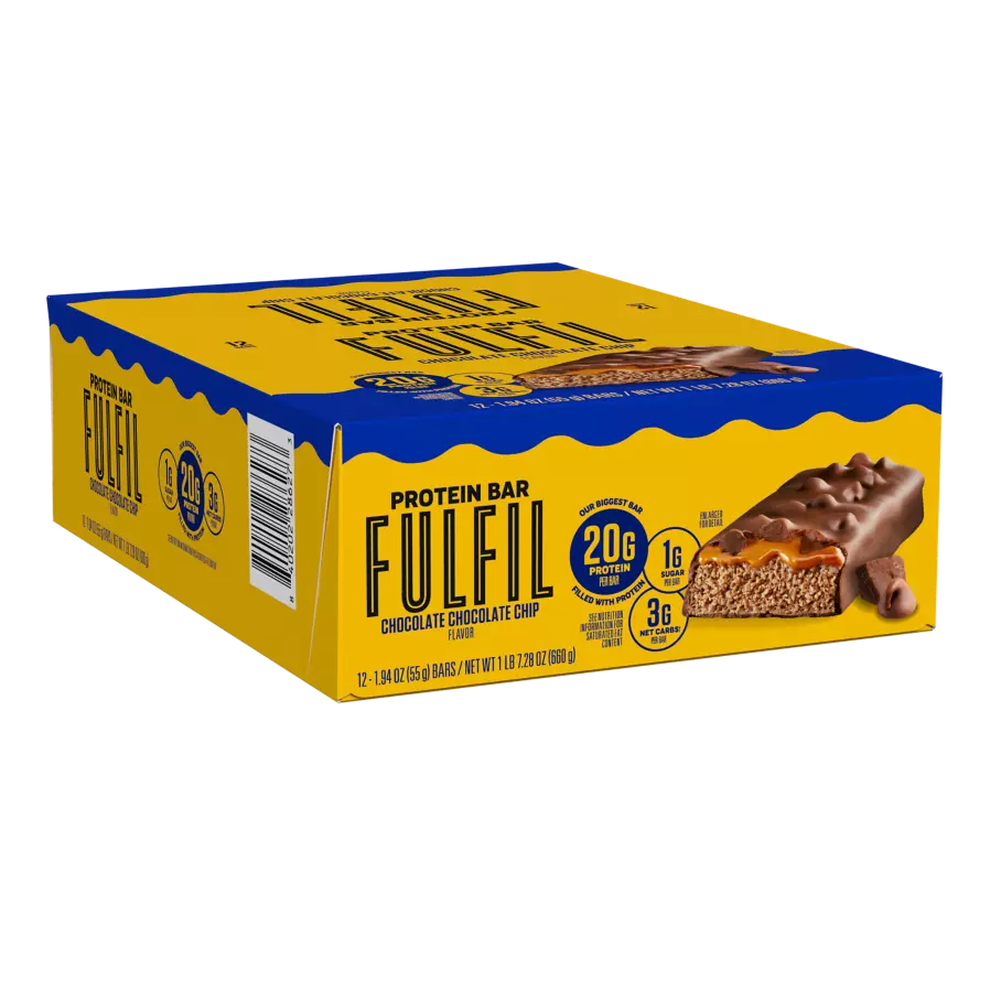 FULFIL Chocolate Chocolate Chip Flavor Protein Bars, 1.94 oz, 12 count box - Left Side of Package