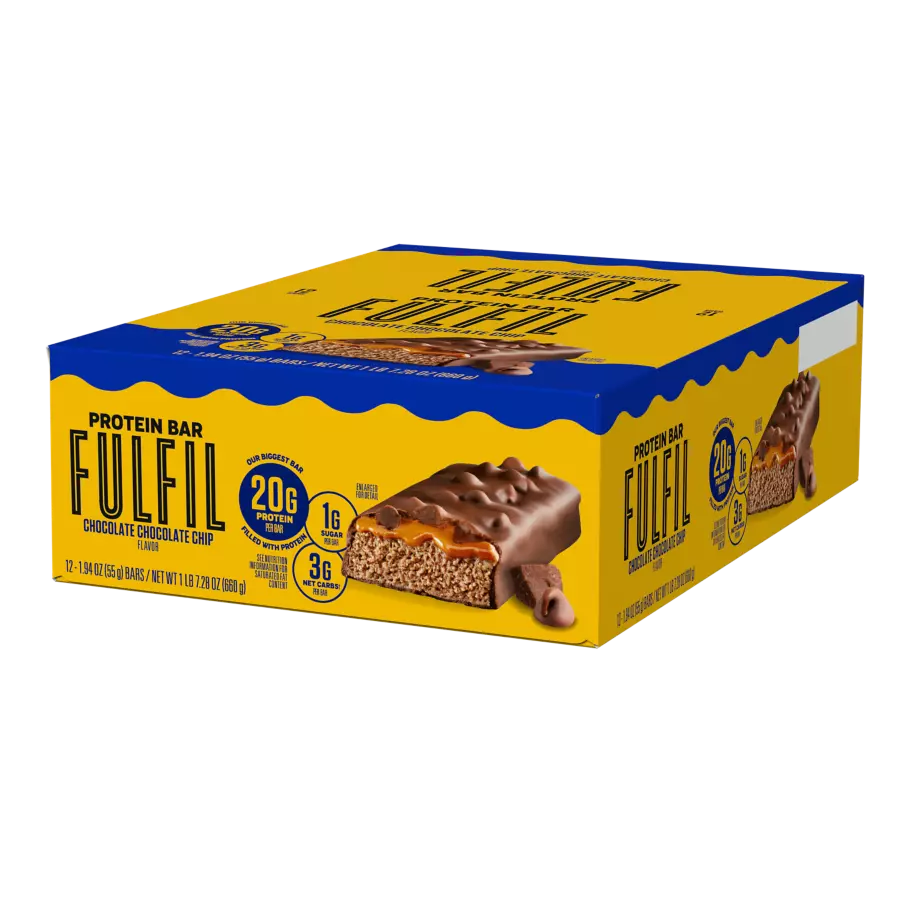 FULFIL Chocolate Chocolate Chip Flavor Protein Bars, 1.94 oz, 12 count box - Right Side of Package