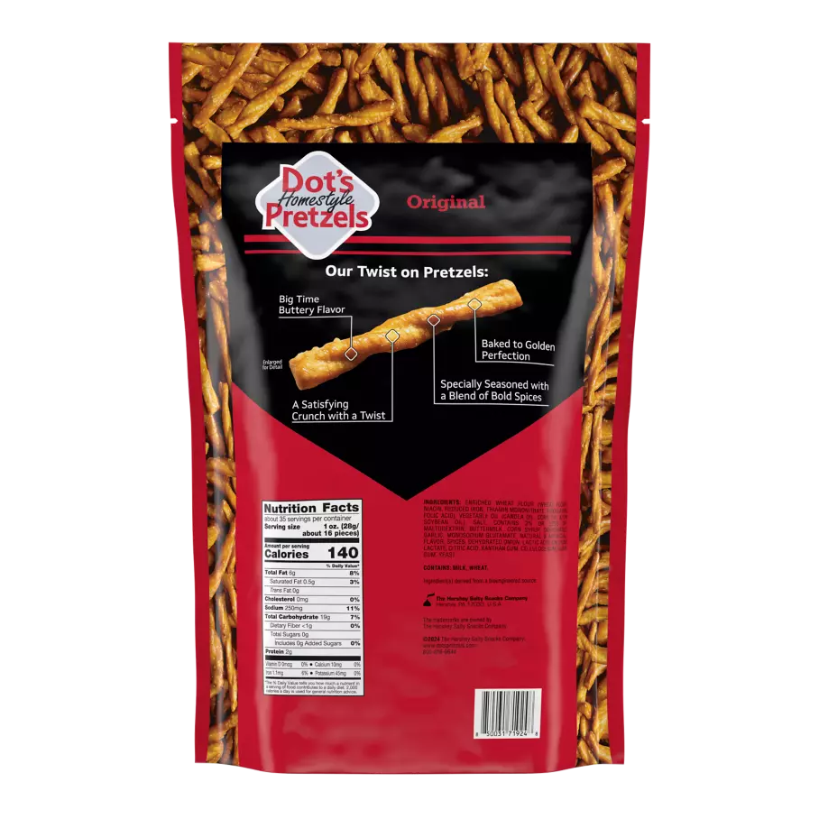 DOT'S HOMESTYLE PRETZELS Original Seasoned Pretzel Twists, 35 oz bag - Back of Package