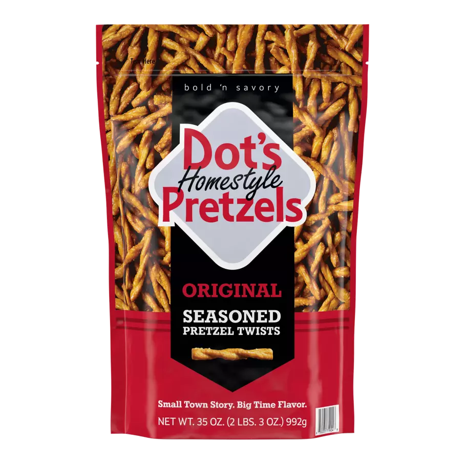 DOT'S HOMESTYLE PRETZELS Original Seasoned Pretzel Twists, 35 oz bag - Front of Package