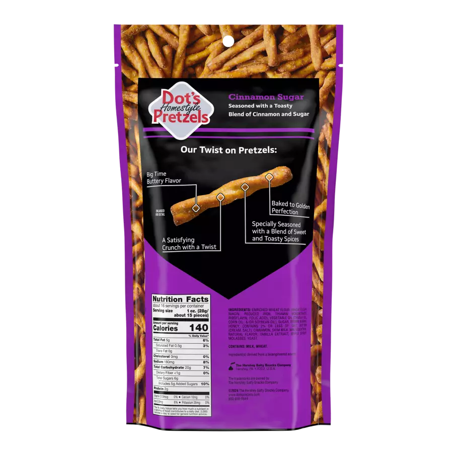 DOT'S HOMESTYLE PRETZELS Cinnamon Sugar Seasoned Pretzel Twists, 16 oz bag - Back of Package