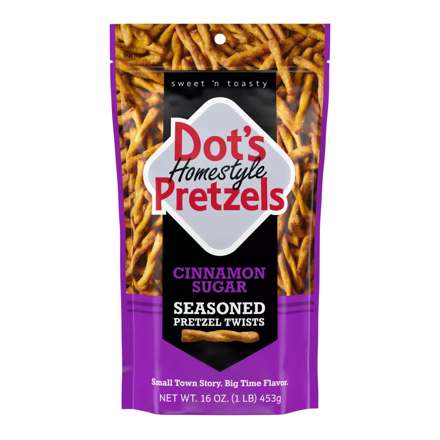 DOT'S HOMESTYLE PRETZELS Cinnamon Sugar Seasoned Pretzel Twists, 16 oz bag - Front of Package