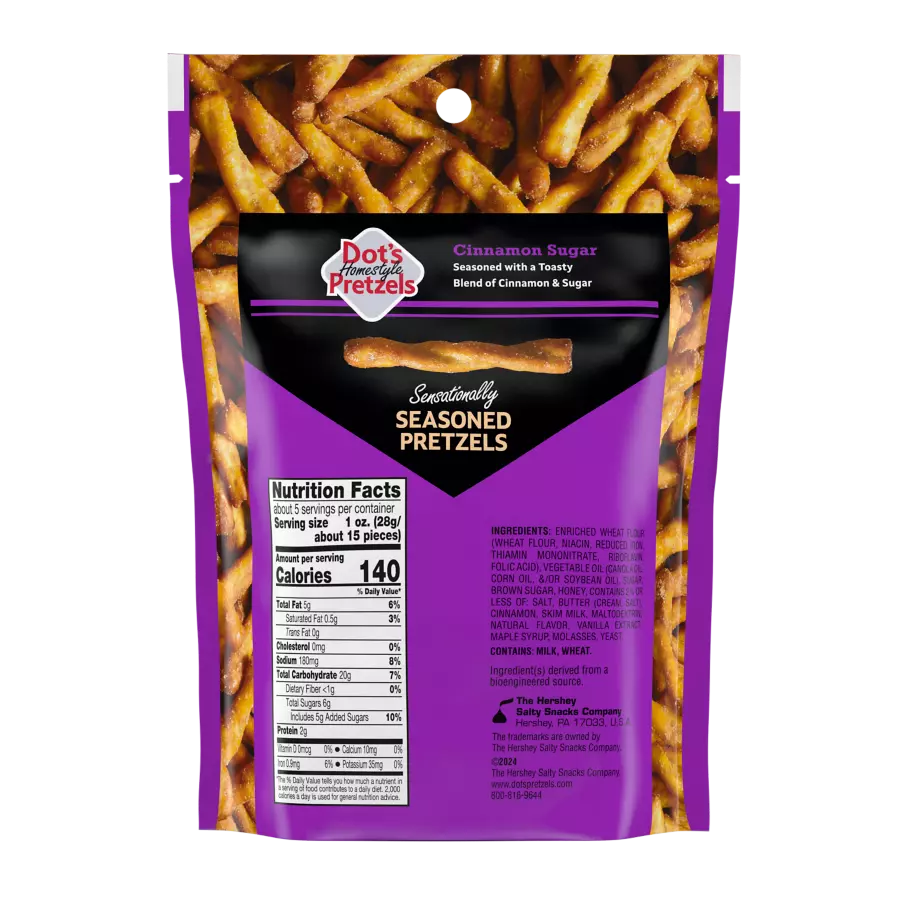 DOT'S HOMESTYLE PRETZELS Cinnamon Sugar Seasoned Pretzel Twists, 5 oz bag - Back of Package