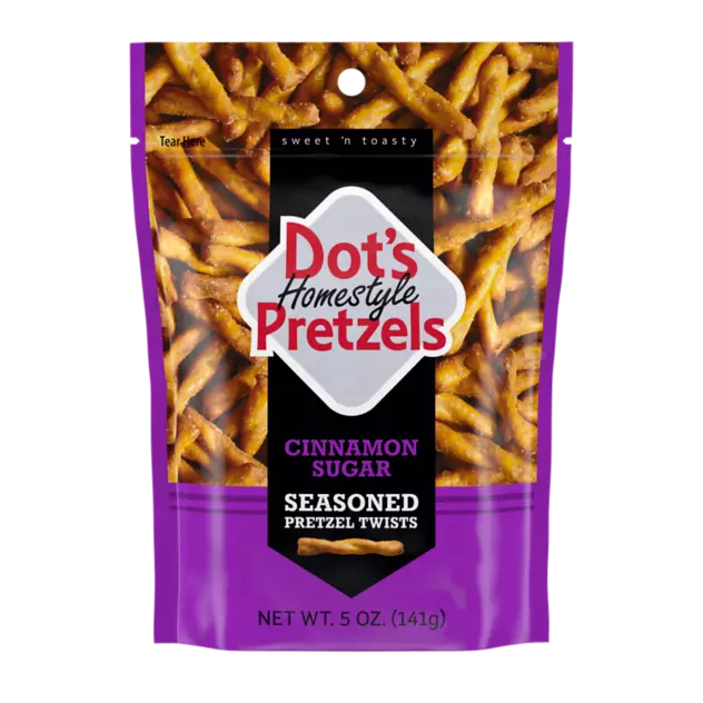 DOT'S HOMESTYLE PRETZELS Cinnamon Sugar Seasoned Pretzel Twists, 5 oz bag - Front of Package