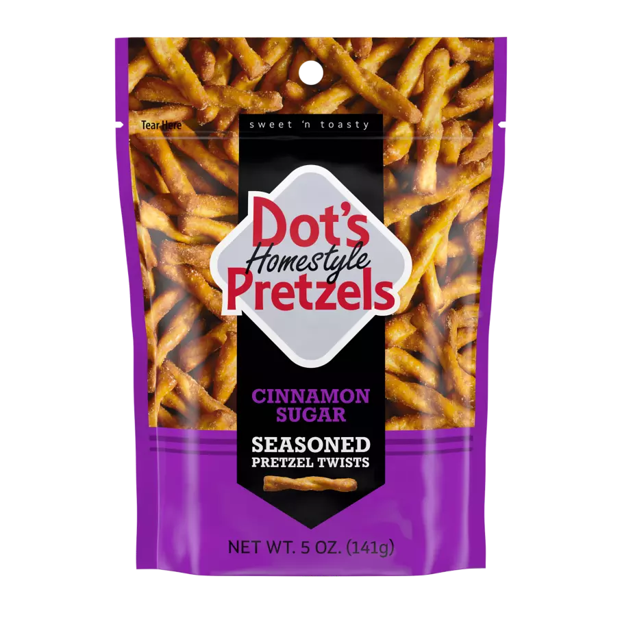 DOT'S HOMESTYLE PRETZELS Cinnamon Sugar Seasoned Pretzel Twists, 5 oz bag - Front of Package