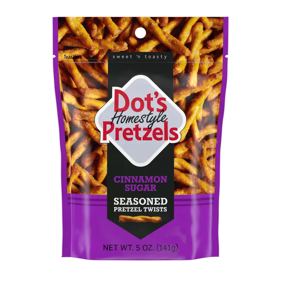 DOT'S HOMESTYLE PRETZELS Cinnamon Sugar Seasoned Pretzel Twists, 5 oz bag - Front of Package