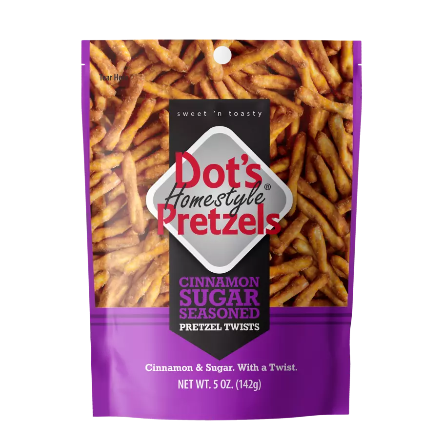 DOT'S HOMESTYLE PRETZELS Cinnamon Sugar Seasoned Pretzel Twists, 5 oz bag - Front of Package
