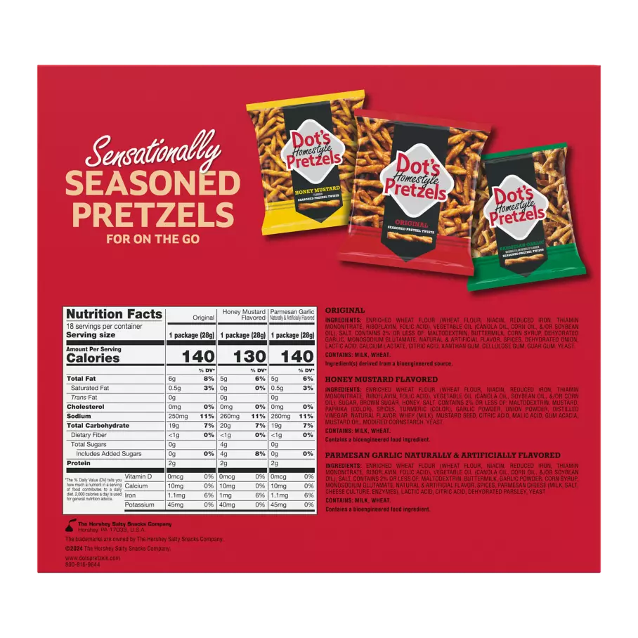 DOT'S HOMESTYLE PRETZELS Variety Pack Seasoned Pretzel Twists, 1 oz bag, 18 count box - Back of Package