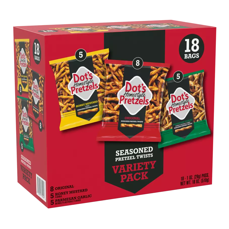 DOT'S HOMESTYLE PRETZELS Variety Pack Seasoned Pretzel Twists, 1 oz bag, 18 count box - Front of Package