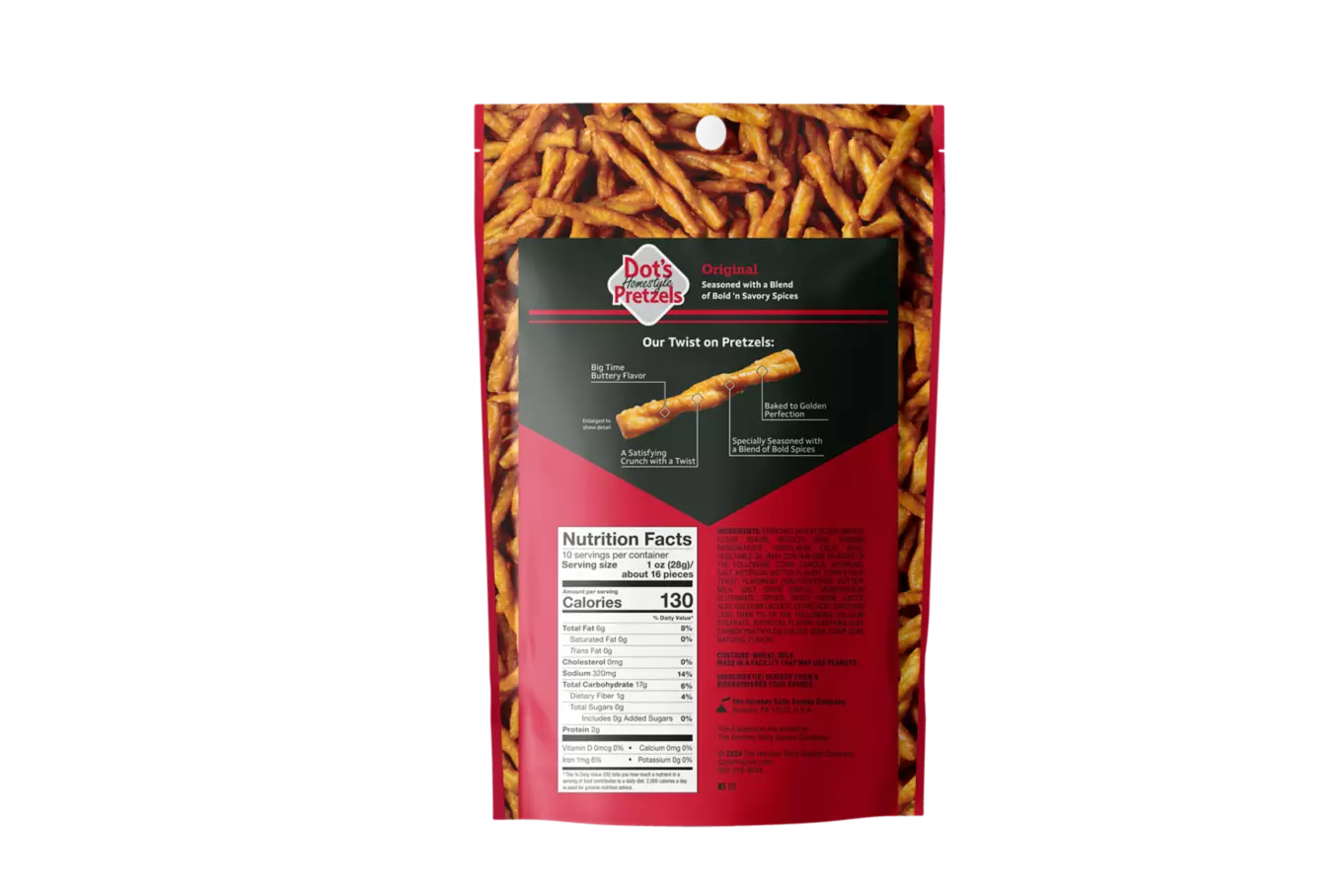 DOT'S HOMESTYLE PRETZELS Original Seasoned Pretzel Twists, 9.5 oz bag - Back of Package