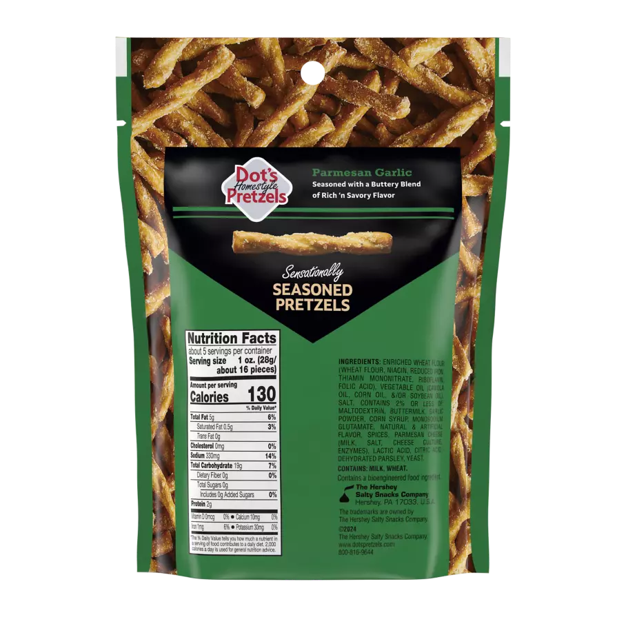 DOT'S HOMESTYLE PRETZELS Parmesan Garlic Seasoned Pretzel Twists, 5 oz bag - Back of Package