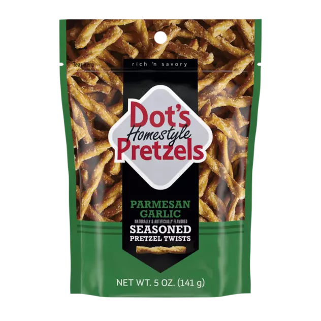 DOT'S HOMESTYLE PRETZELS Parmesan Garlic Seasoned Pretzel Twists, 5 oz bag - Front of Package