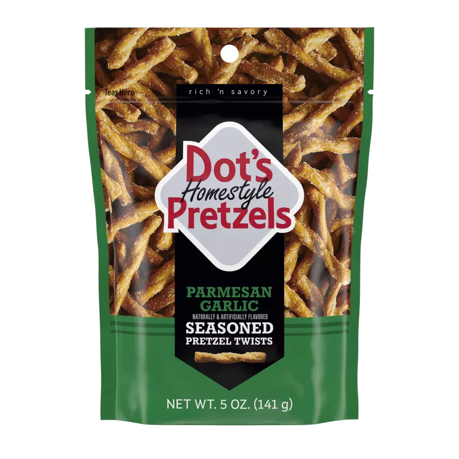 DOT'S HOMESTYLE PRETZELS Parmesan Garlic Seasoned Pretzel Twists, 5 oz bag - Front of Package