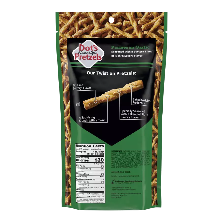 DOT'S HOMESTYLE PRETZELS Parmesan Garlic Seasoned Pretzel Twists, 16 oz bag - Back of Package