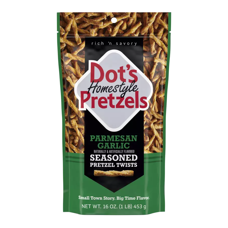 DOT'S HOMESTYLE PRETZELS Parmesan Garlic Seasoned Pretzel Twists, 16 oz bag - Front of Package