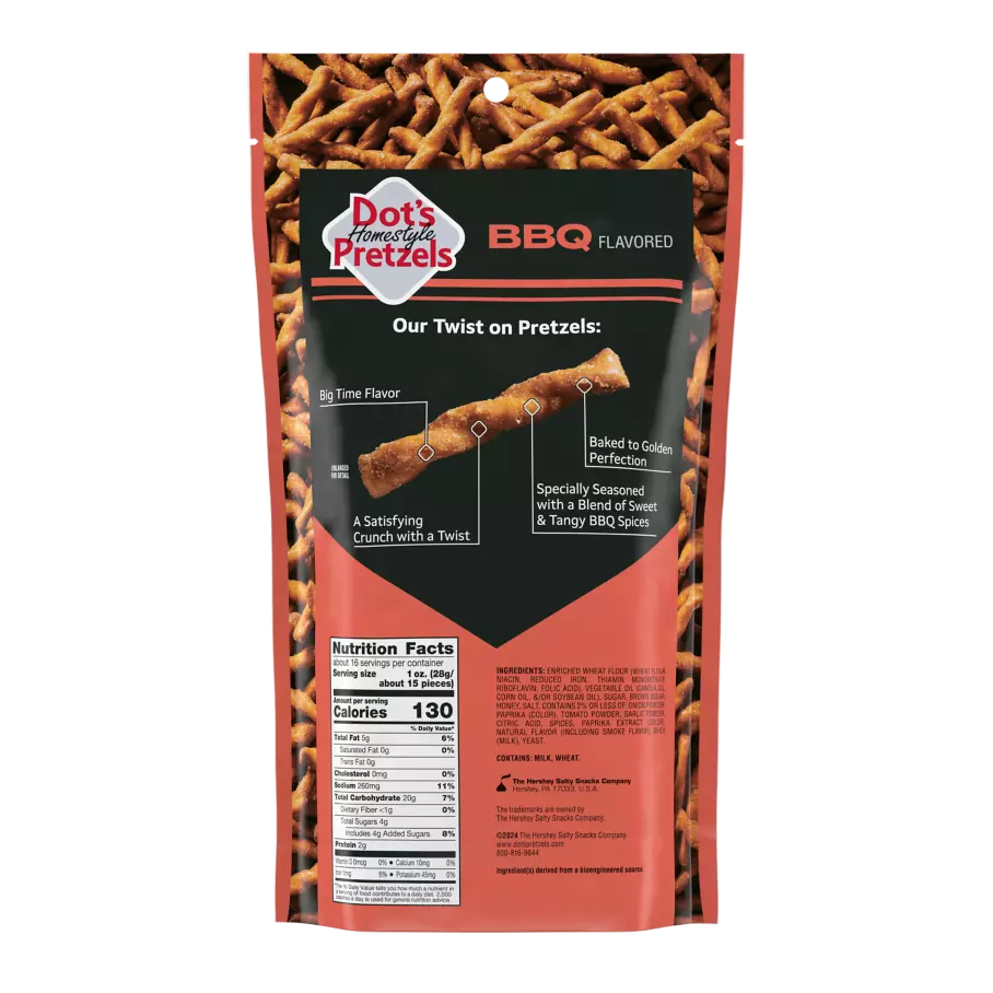 DOT'S HOMESTYLE PRETZELS BBQ Seasoned Pretzel Twists, 16 oz bag - Back of Package