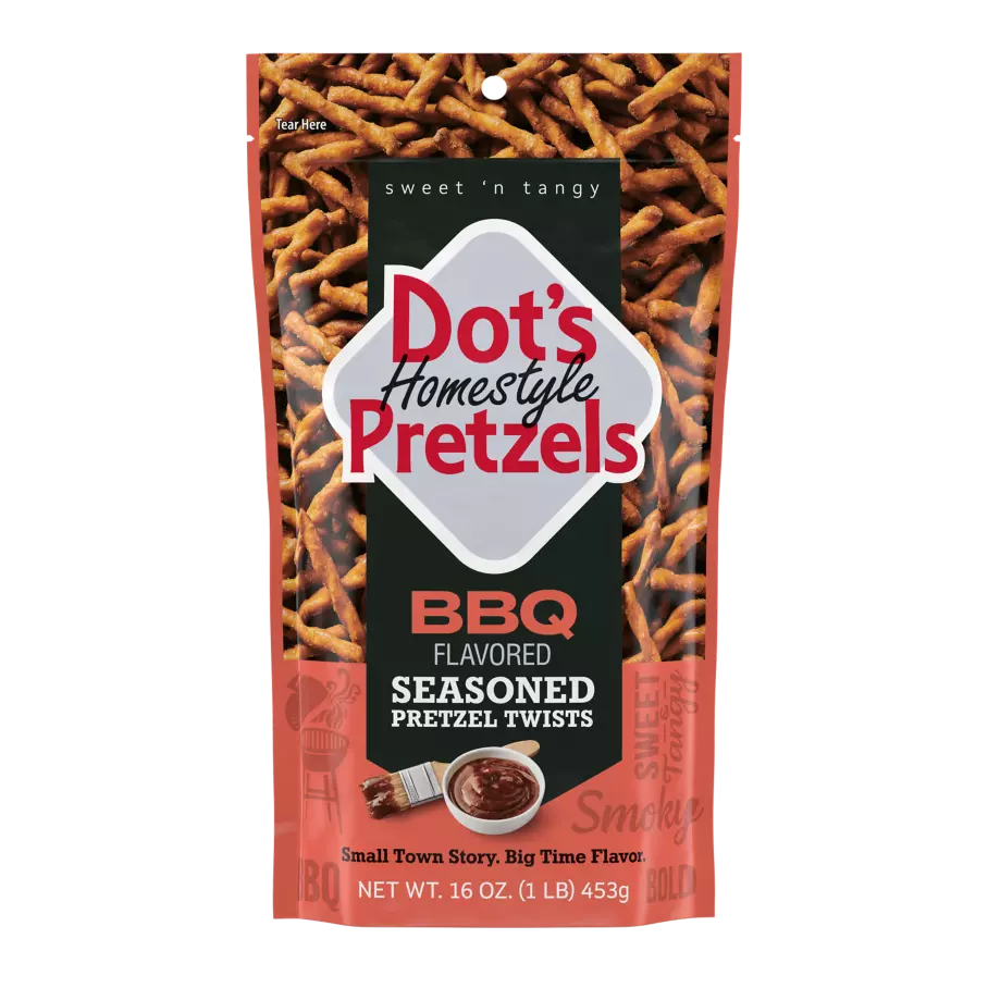DOT'S HOMESTYLE PRETZELS BBQ Seasoned Pretzel Twists, 16 oz bag - Front of Package