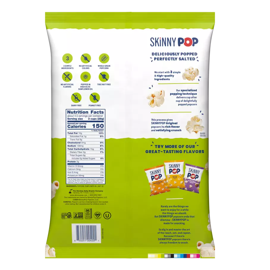 SKINNYPOP Original Popcorn, 4.4 oz bag - Back of Package