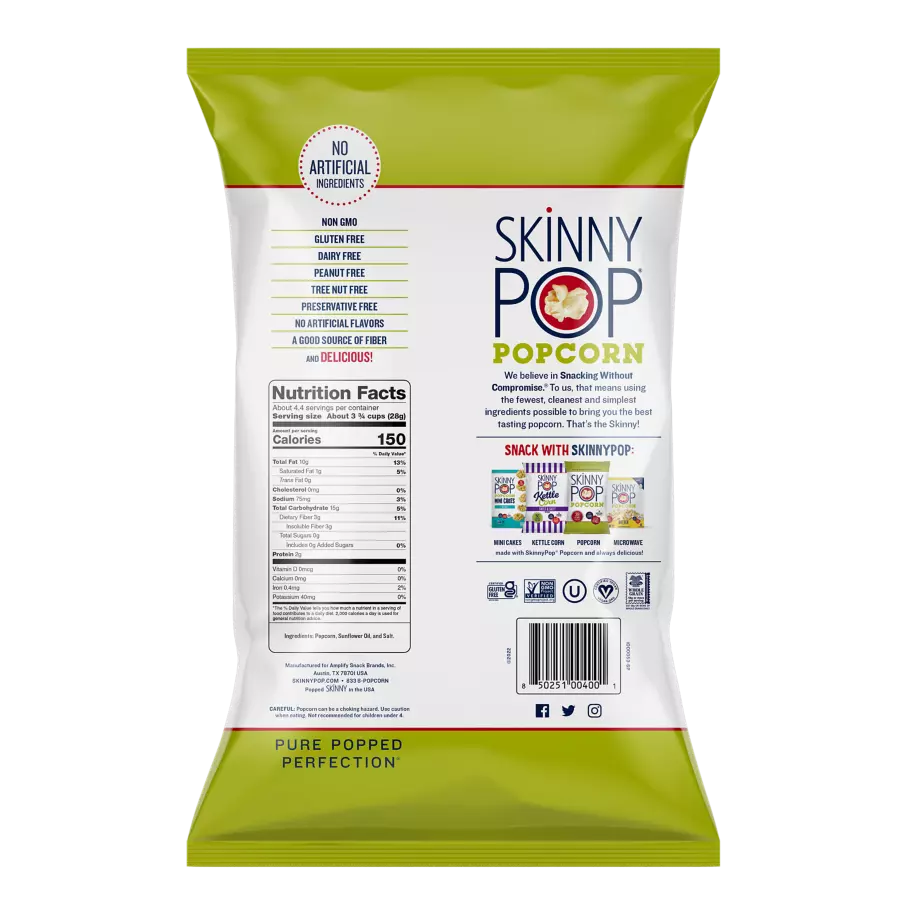 SKINNYPOP Original Popped Popcorn, 4.4 oz bag - Back of Package