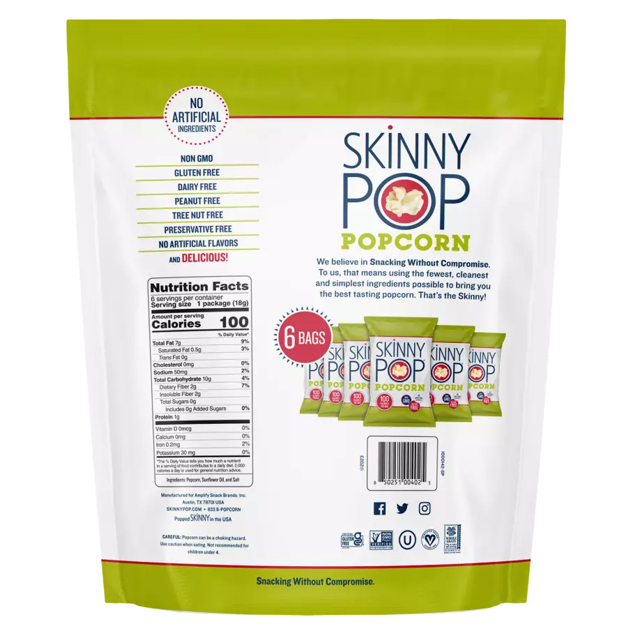 SKINNYPOP Original Popped Popcorn, 0.65 oz bag, 6 count - Back of Package