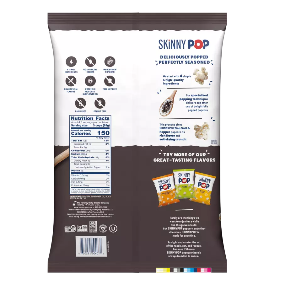 SKINNYPOP Sea Salt & Pepper Popcorn, 4.4 oz bag - Back of Package
