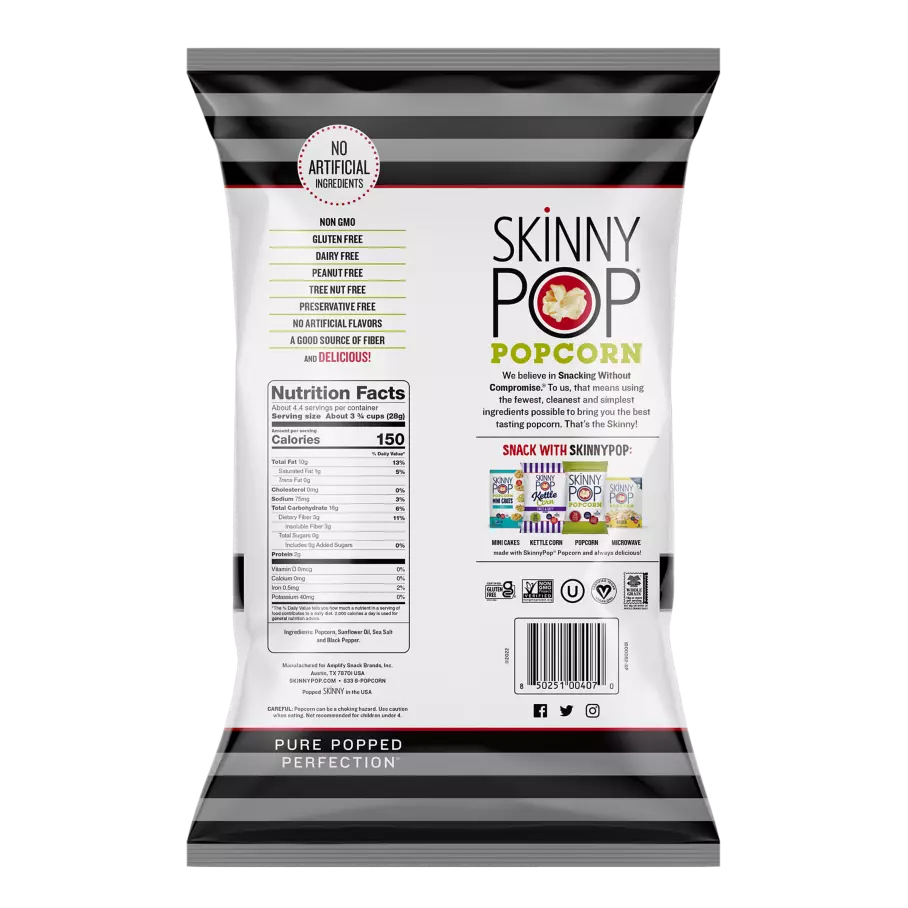 SKINNYPOP Sea Salt & Pepper Popped Popcorn, 4.4 oz bag - Back of Package