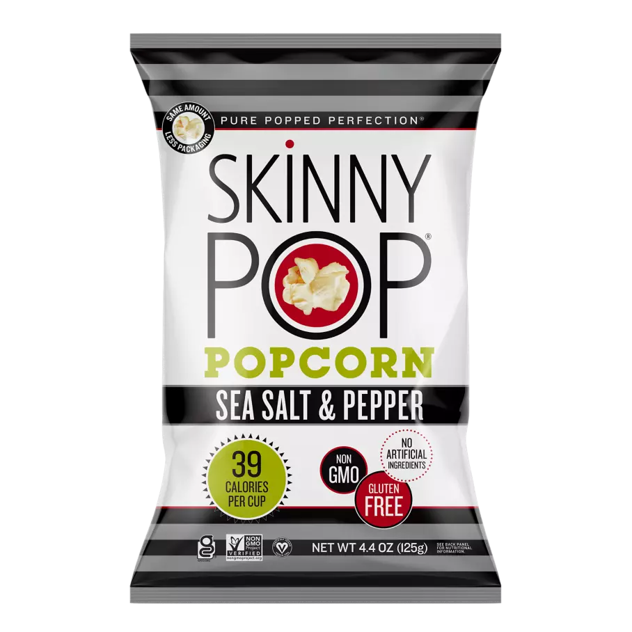 SKINNYPOP Sea Salt & Pepper Popped Popcorn, 4.4 oz bag - Front of Package