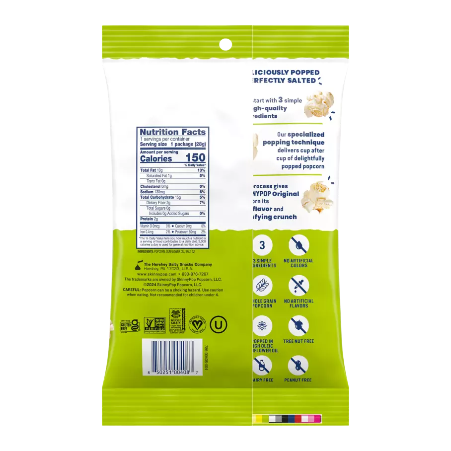 SKINNYPOP Original Popcorn, 1 oz bag - Back of Package