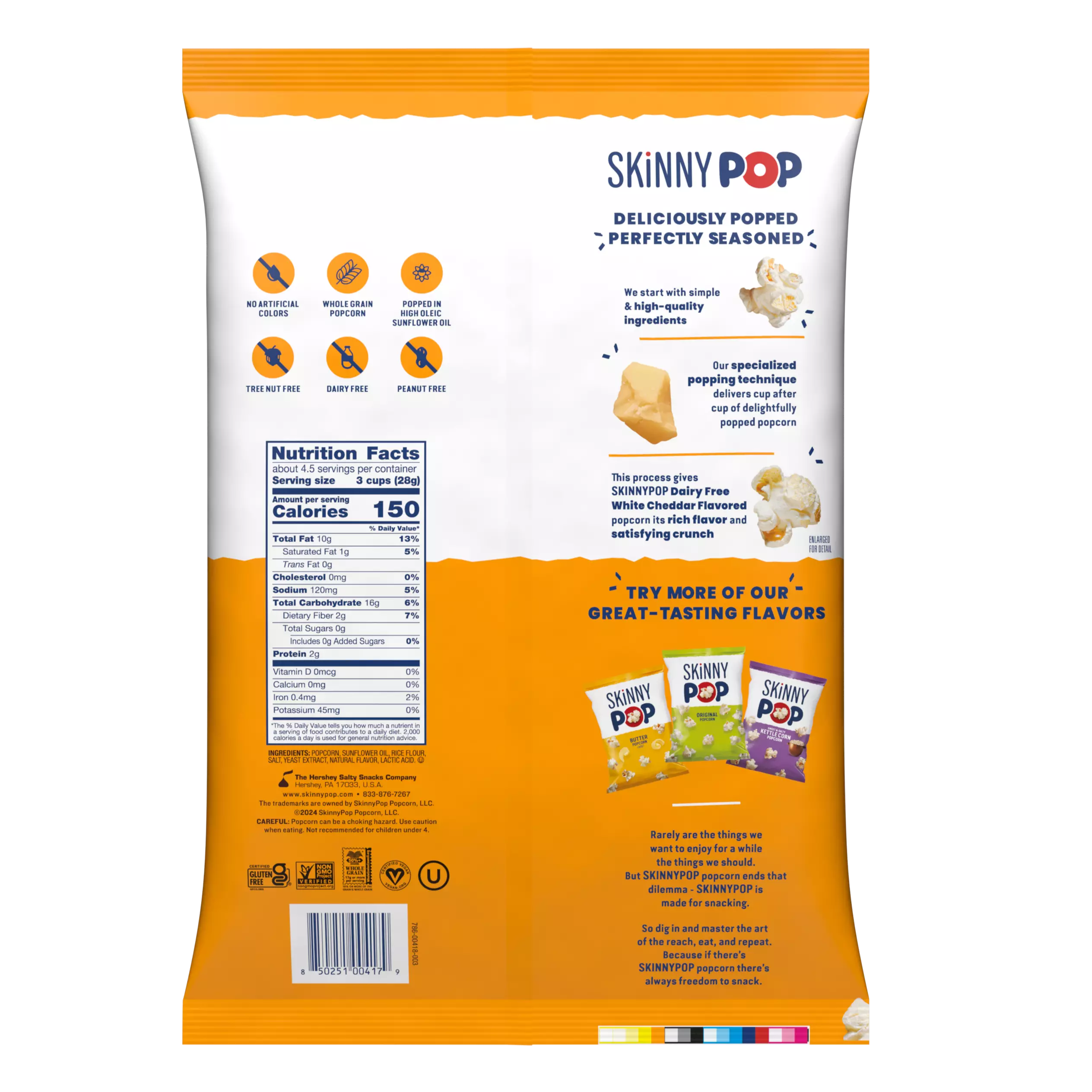 SKINNYPOP Dairy Free White Cheddar Flavored Popcorn, 4.4 oz bag - Back of Package