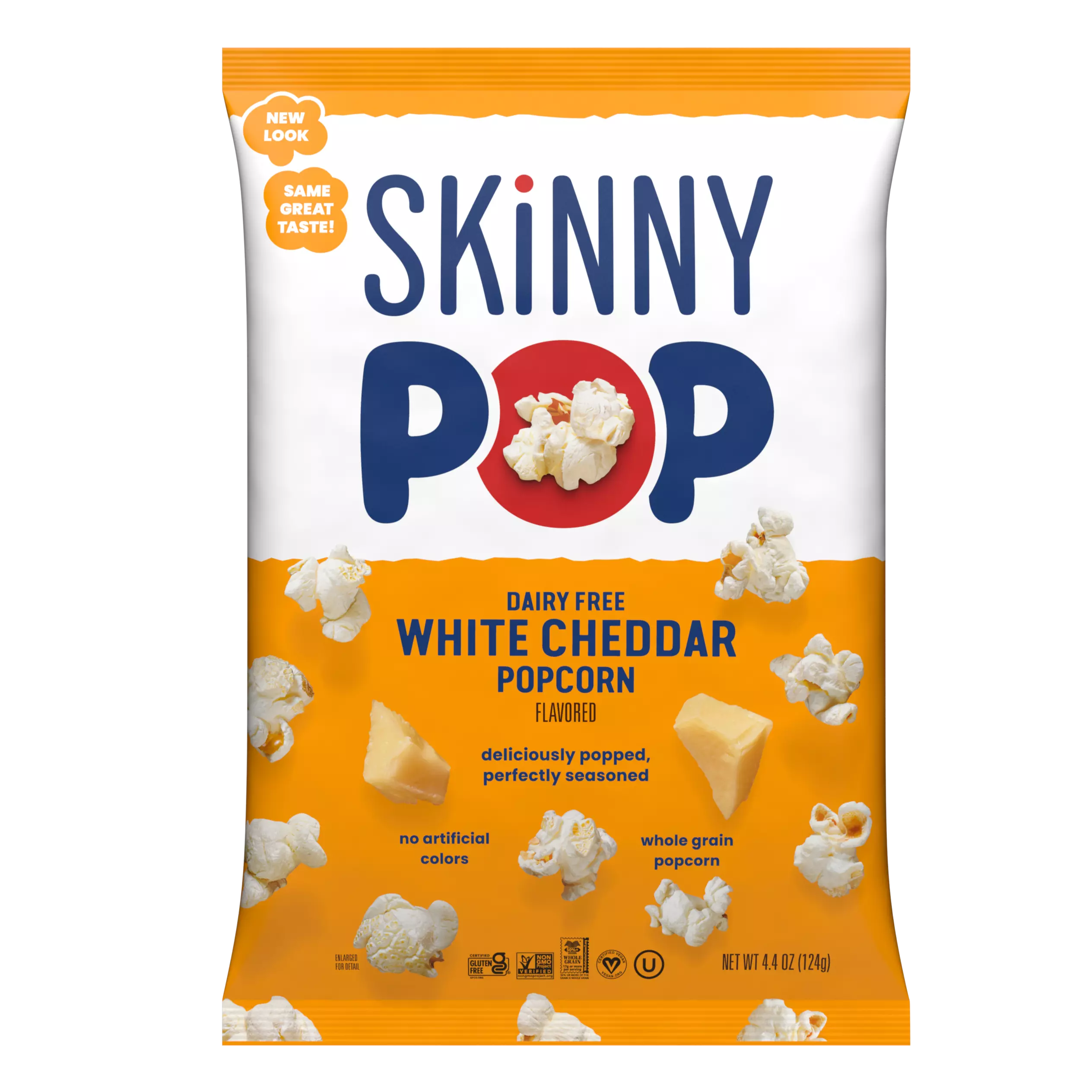 SKINNYPOP Dairy Free White Cheddar Flavored Popcorn, 4.4 oz bag - Front of Package