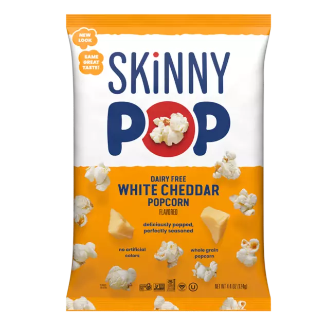 SKINNYPOP Dairy Free White Cheddar Flavored Popcorn, 4.4 oz bag - Front of Package