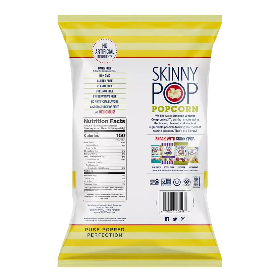 SKINNYPOP White Cheddar Popped Popcorn, 4.4 oz bag - Back of Package