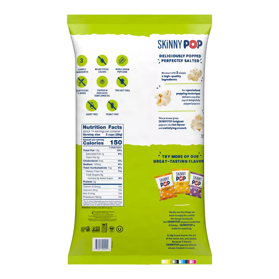 SKINNYPOP Original Popcorn, 14 oz bag - Back of Package