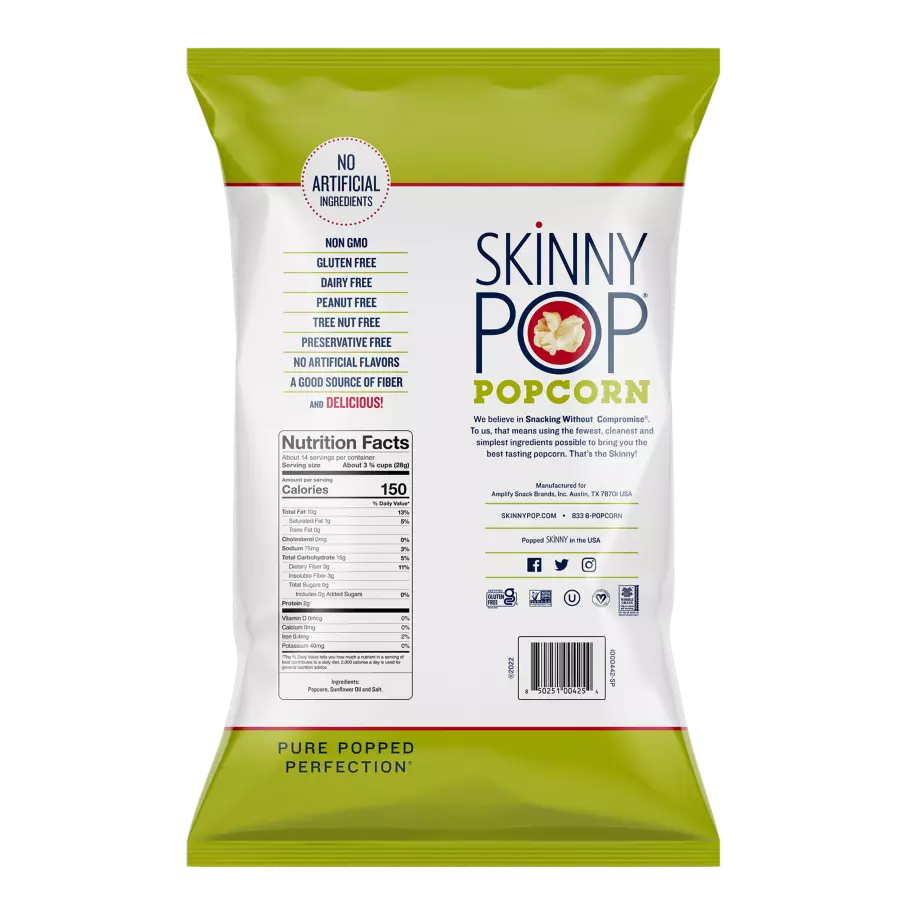 SKINNYPOP Original Popped Popcorn, 14 oz bag - Back of Package