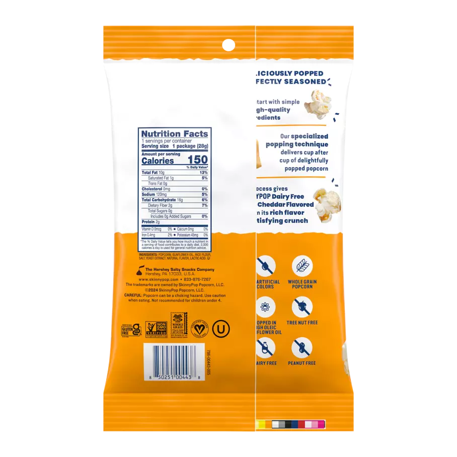 SKINNYPOP Dairy Free White Cheddar Flavored Popcorn, 1 oz bag - Back of Package