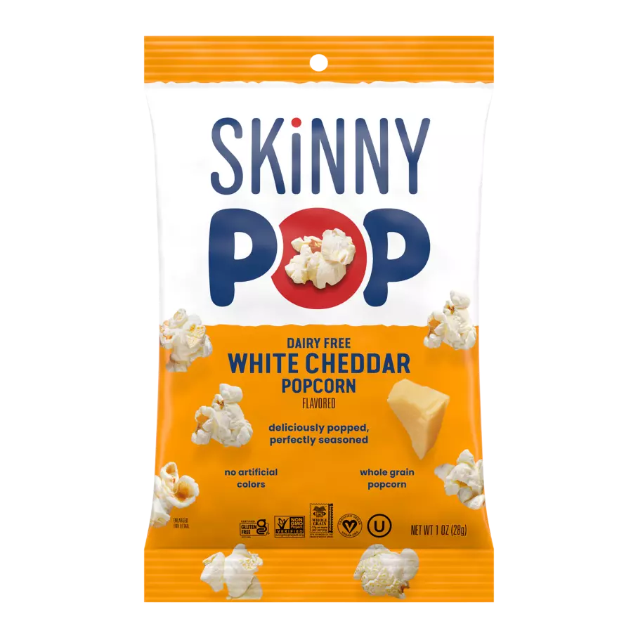 SKINNYPOP Dairy Free White Cheddar Flavored Popcorn, 1 oz bag - Front of Package