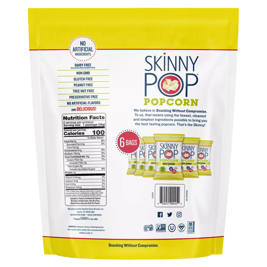 SKINNYPOP White Cheddar Popped Popcorn, 0.65 oz bag, 6 count - Back of Package