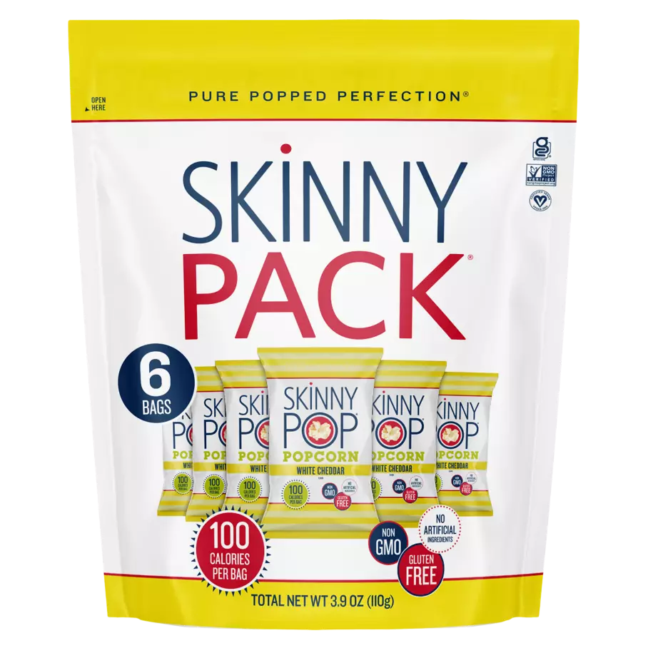 SKINNYPOP White Cheddar Popped Popcorn, 0.65 oz bag, 6 count - Front of Package