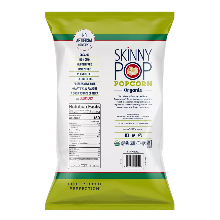 SKINNYPOP Organic Original Popped Popcorn, 14 oz bag - Back of Package